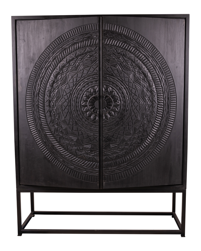 Rene Houtman Kast 2-Deurs Dallie Zwart Rond Houtsnijwerk - B140xD50xH180 Cm