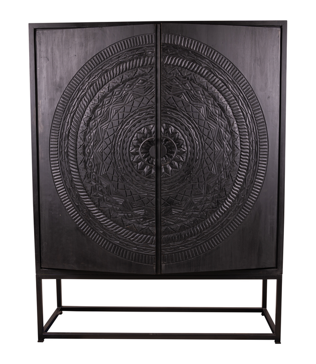 Rene Houtman Kast 2-Deurs Dallie Zwart Rond Houtsnijwerk - B140xD50xH180 Cm
