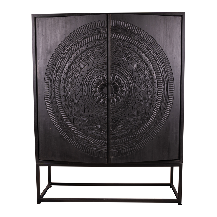 Rene Houtman Kast 2-Deurs Dallie Zwart Rond Houtsnijwerk - B140xD50xH180 Cm