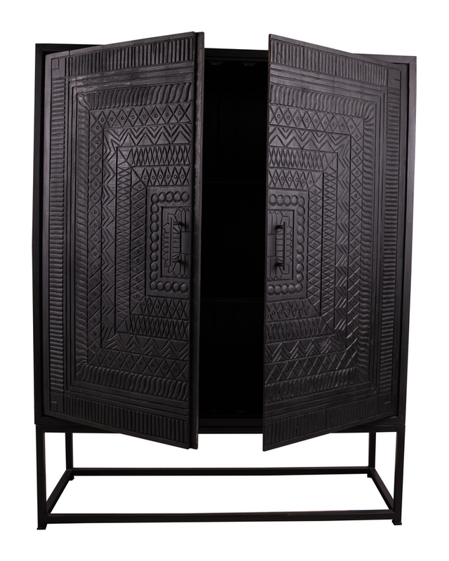 Rene Houtman Kast 2-Deurs Dallie Zwart Vierkant Houtsnijwerk - B140xD50xH180 Cm