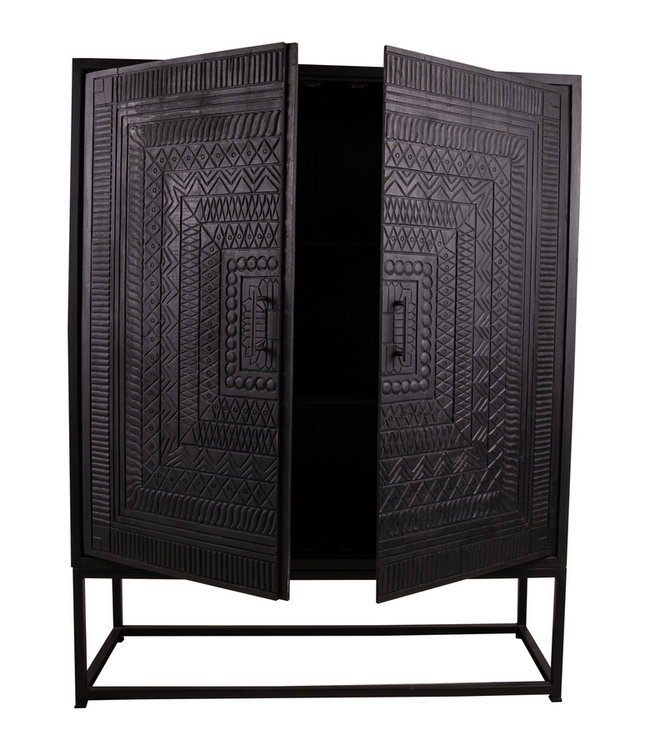 Rene Houtman Kast 2-Deurs Dallie Zwart Vierkant Houtsnijwerk - B140xD50xH180 Cm