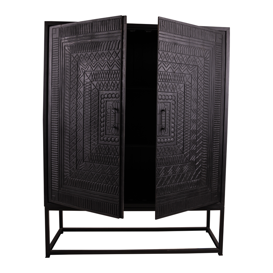 Rene Houtman Kast 2-Deurs Dallie Zwart Vierkant Houtsnijwerk - B140xD50xH180 Cm