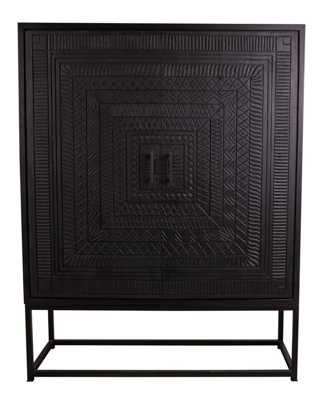 Rene Houtman Kast 2-Deurs Dallie Zwart Vierkant Houtsnijwerk - B140xD50xH180 Cm