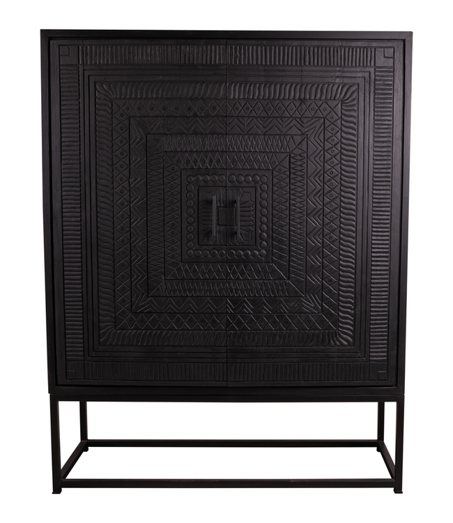 Rene Houtman Kast 2-Deurs Dallie Zwart Vierkant Houtsnijwerk - B140xD50xH180 Cm