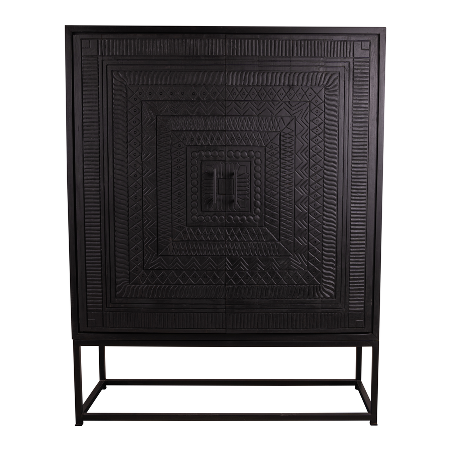 Rene Houtman Kast 2-Deurs Dallie Zwart Vierkant Houtsnijwerk - B140xD50xH180 Cm