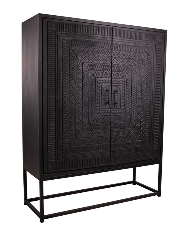 Rene Houtman Kast 2-Deurs Dallie Zwart Vierkant Houtsnijwerk - B140xD50xH180 Cm