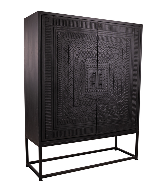 Rene Houtman Kast 2-Deurs Dallie Zwart Vierkant Houtsnijwerk - B140xD50xH180 Cm