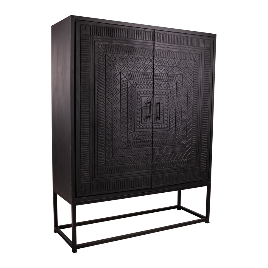 Rene Houtman Kast 2-Deurs Dallie Zwart Vierkant Houtsnijwerk - B140xD50xH180 Cm