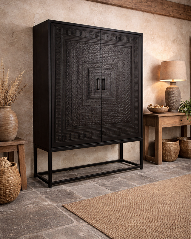 Rene Houtman Kast 2-Deurs Dallie Zwart Vierkant Houtsnijwerk - B140xD50xH180 Cm