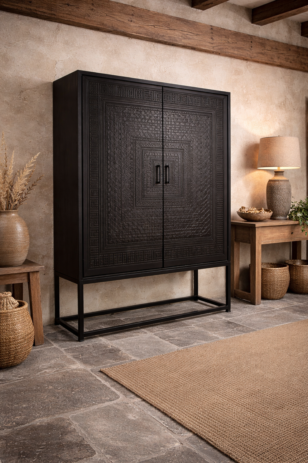 Rene Houtman Kast 2-Deurs Dallie Zwart Vierkant Houtsnijwerk - B140xD50xH180 Cm