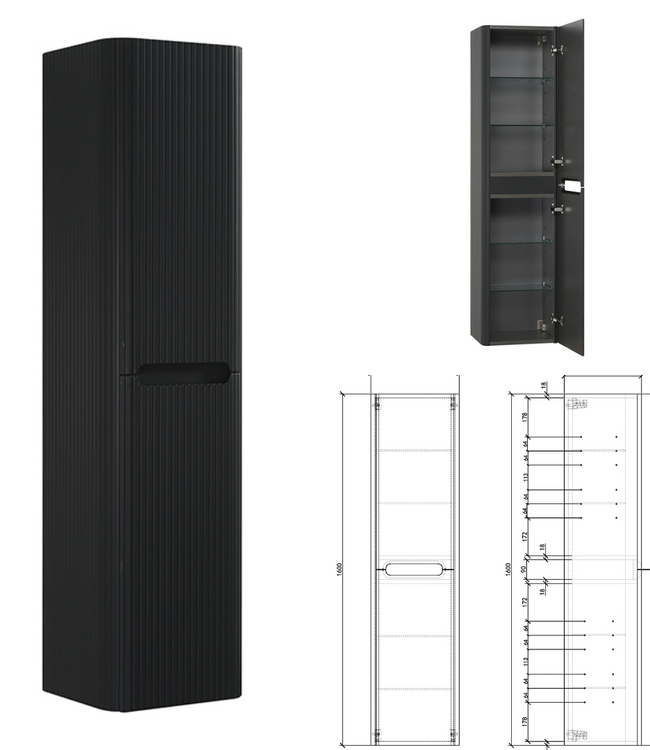 Rene Houtman Badkamerkast Marseille Rond | Mat Zwart | 160 cm