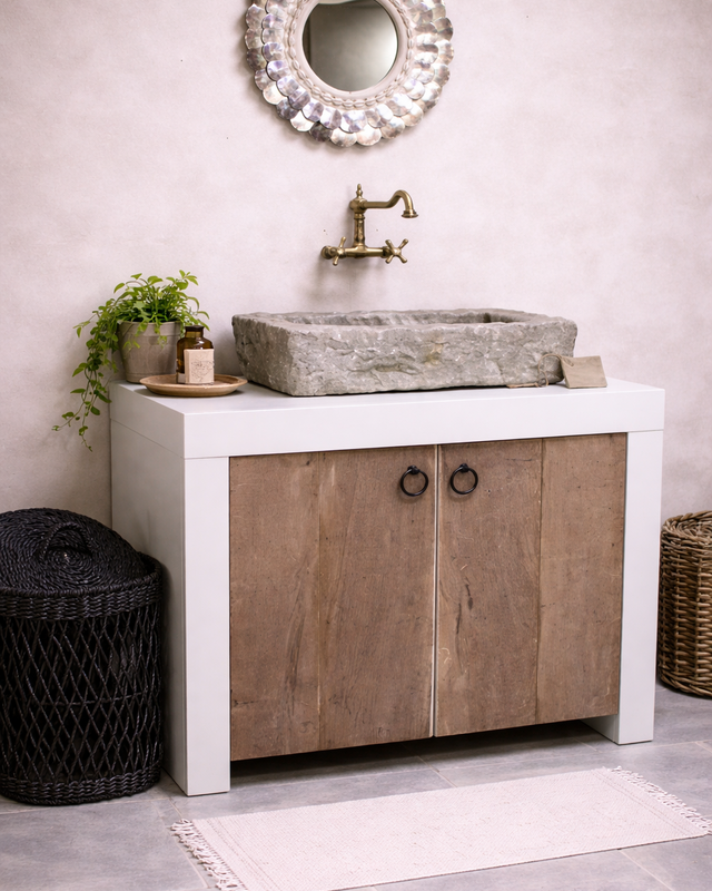 Rene Houtman Badkamermeubel 90 cm Ibiza Wit Met Houten Deurtjes