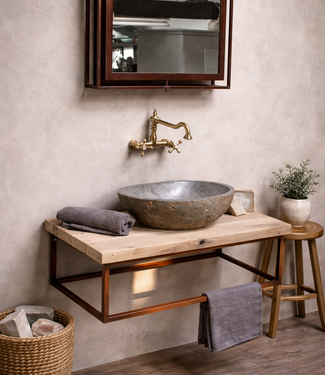 Rene Houtman Zwevend badkamermeubel oud eikenhout  90 cm met rivierstenen waskom