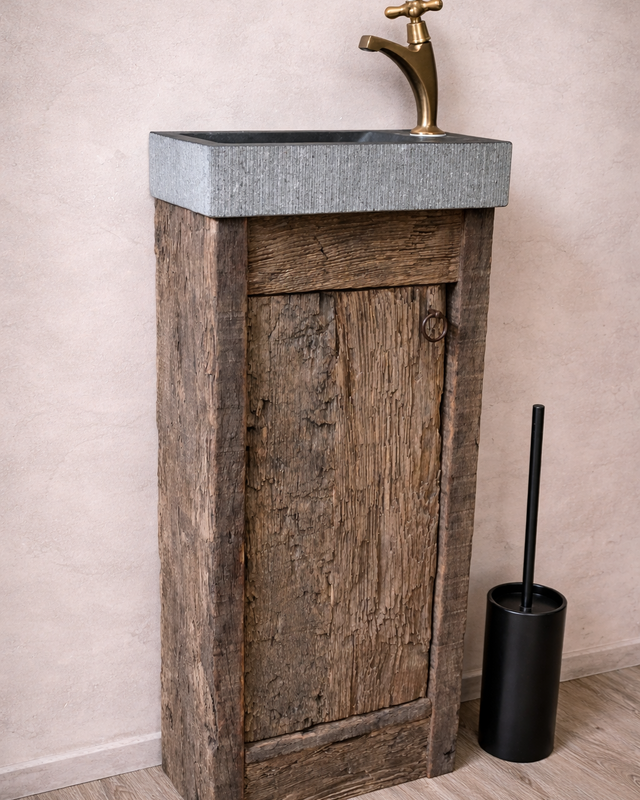 Rene Houtman Oud Eikenhouten Geborsteld Toiletmeubel 1 deur + Gefrijnde Fontein