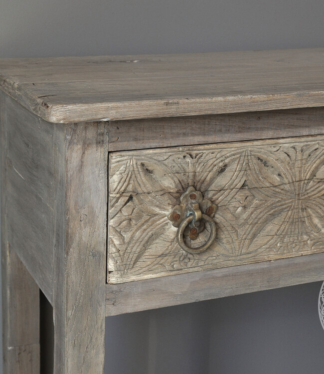 Be-Uniq Oude wandtafel met snijwerk | India | H88xB177xD36 cm