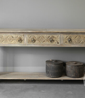 Be-Uniq Oude wandtafel met snijwerk | India | H88xB177xD36 cm