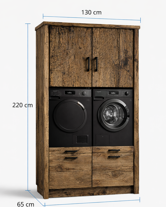 Rene Houtman Wasmachinekast Dala H220 x B130 x D65 Cm Geborsteld Oud Eikenhout