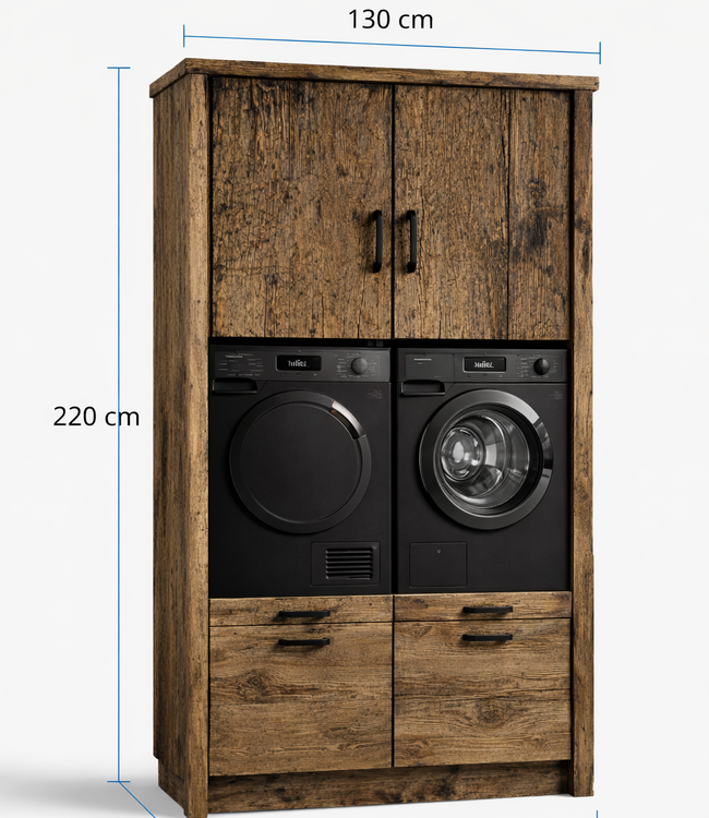 Rene Houtman Wasmachinekast Dala H220 x B130 x D65 Cm Geborsteld Oud Eikenhout