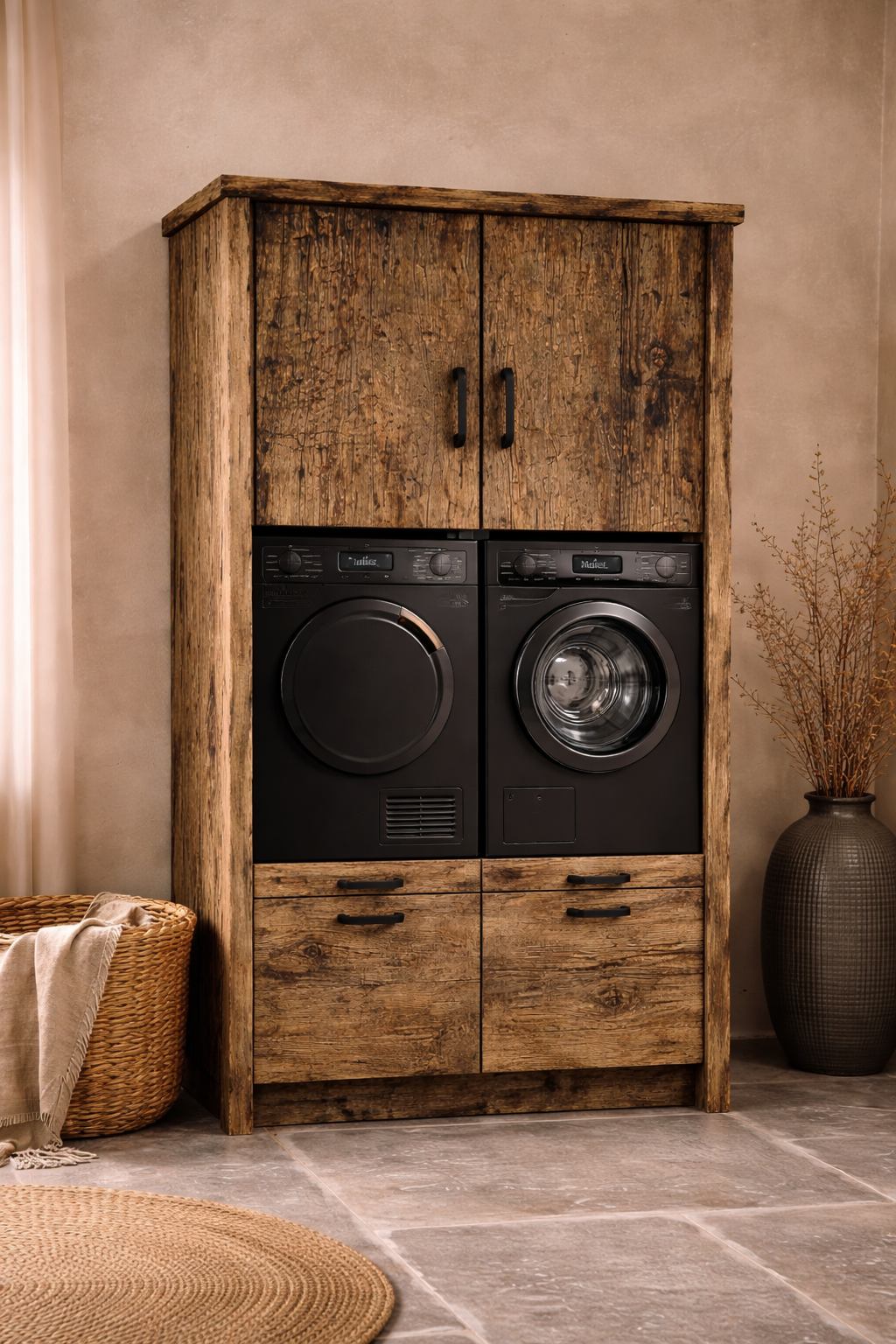Rene Houtman Wasmachinekast Dala H220 x B130 x D65 Cm Geborsteld Oud Eikenhout