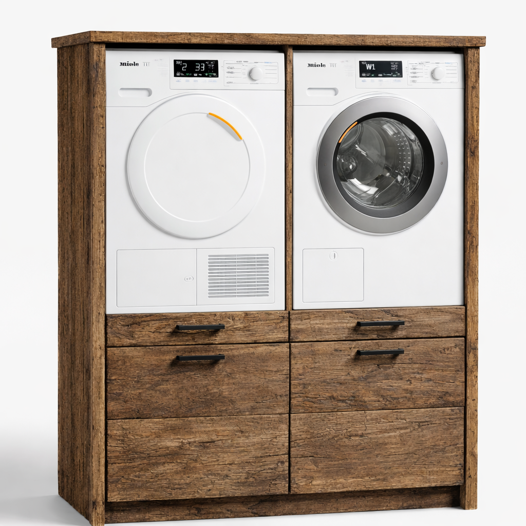 Rene Houtman Wasmachinekast Twinny H160 x B132 x D67 Cm Geborsteld Oud Eikenhout