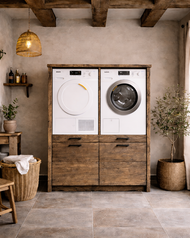 Rene Houtman Wasmachinekast Twinny H160 x B132 x D67 Cm Geborsteld Oud Eikenhout