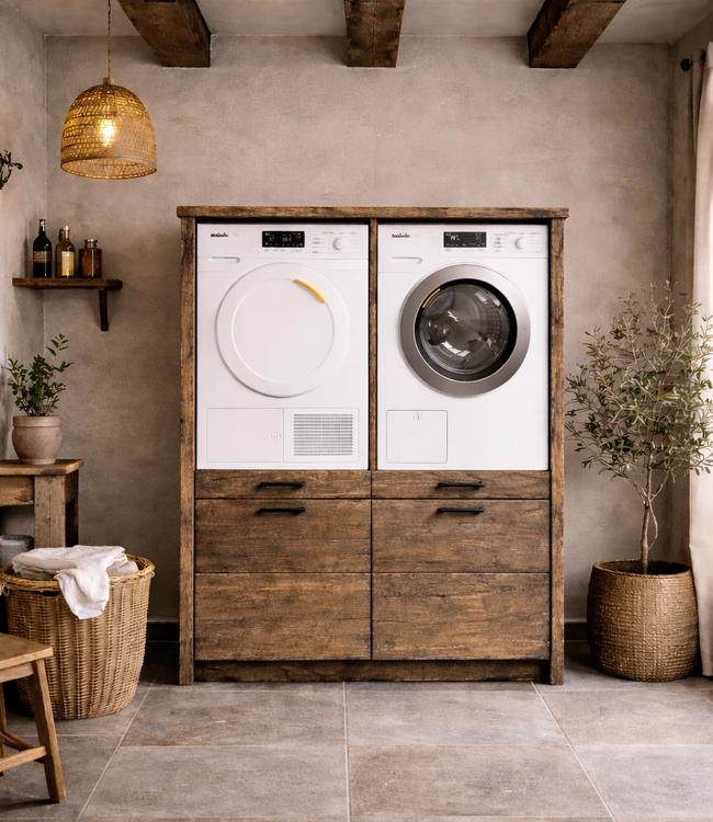 Rene Houtman Wasmachinekast Twinny H160 x B132 x D67 Cm Geborsteld Oud Eikenhout