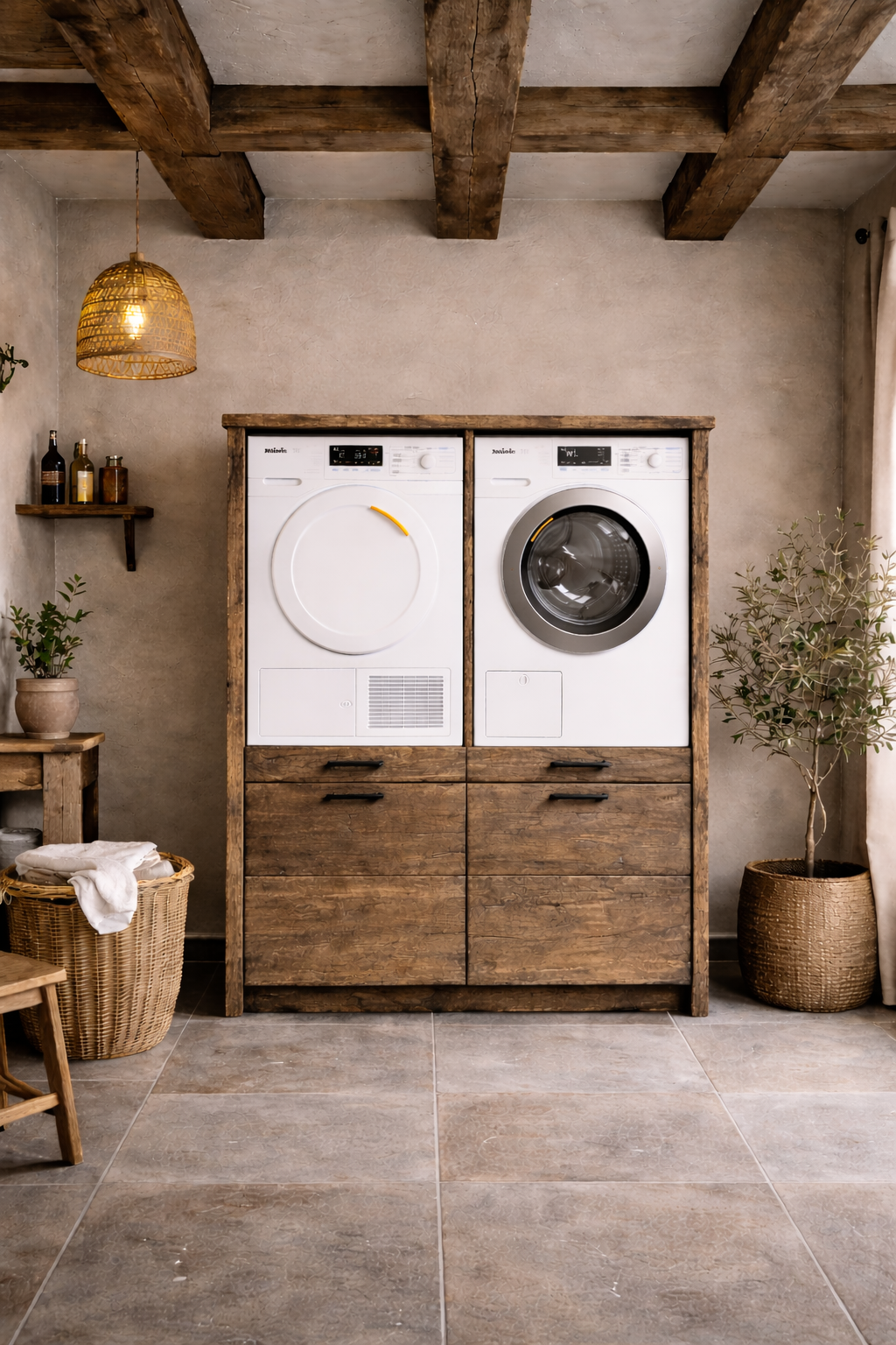 Rene Houtman Wasmachinekast Twinny H160 x B132 x D67 Cm Geborsteld Oud Eikenhout