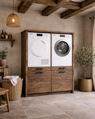 Rene Houtman Wasmachinekast Twinny H160 x B132 x D67 Cm Geborsteld Oud Eikenhout