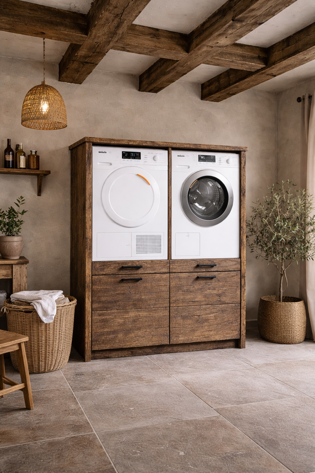 Rene Houtman Wasmachinekast Twinny H160 x B132 x D67 Cm Geborsteld Oud Eikenhout