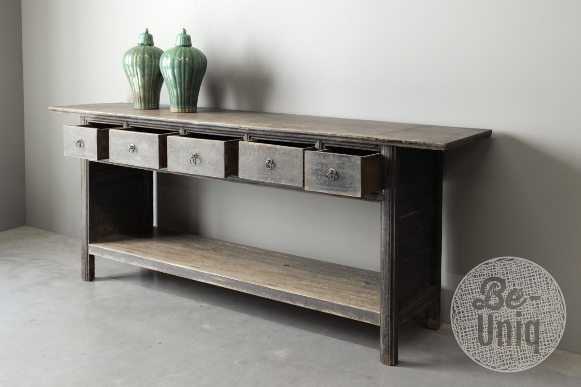 Be-Uniq Oud Houten Wandtafel China 5 Lades H85 x B201 x D46 Cm