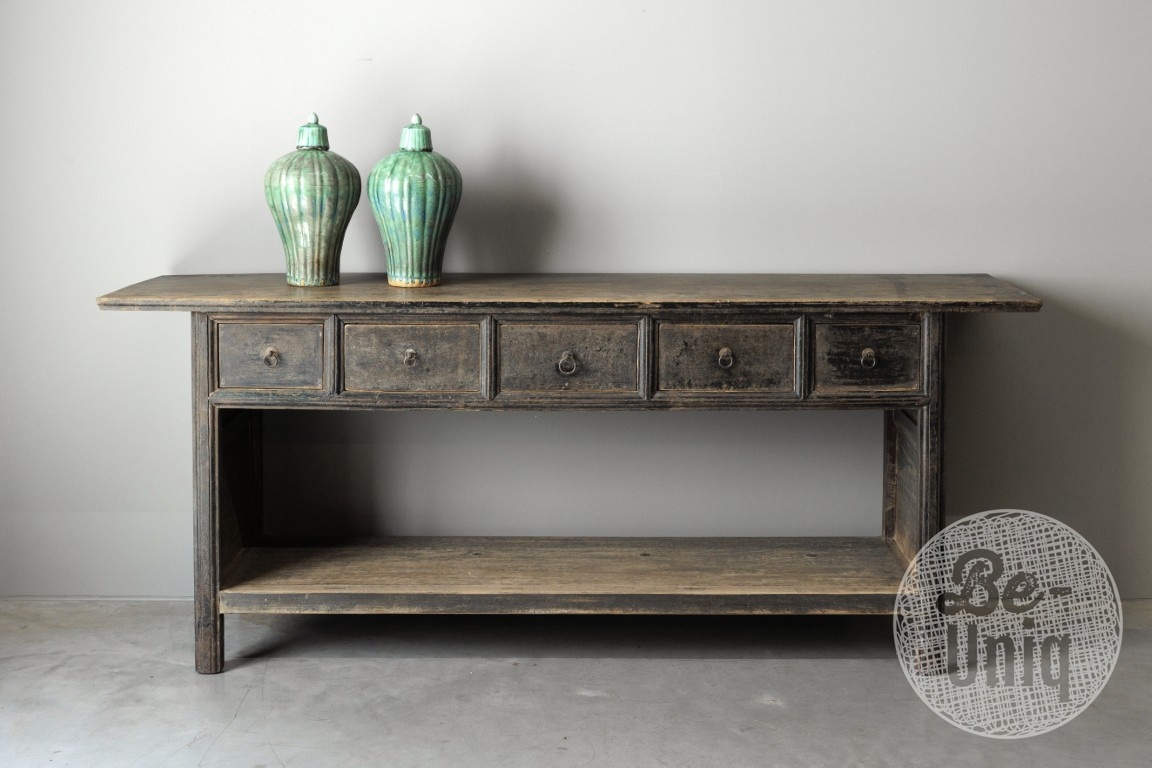Be-Uniq Oud Houten Wandtafel China 5 Lades H85 x B201 x D46 Cm