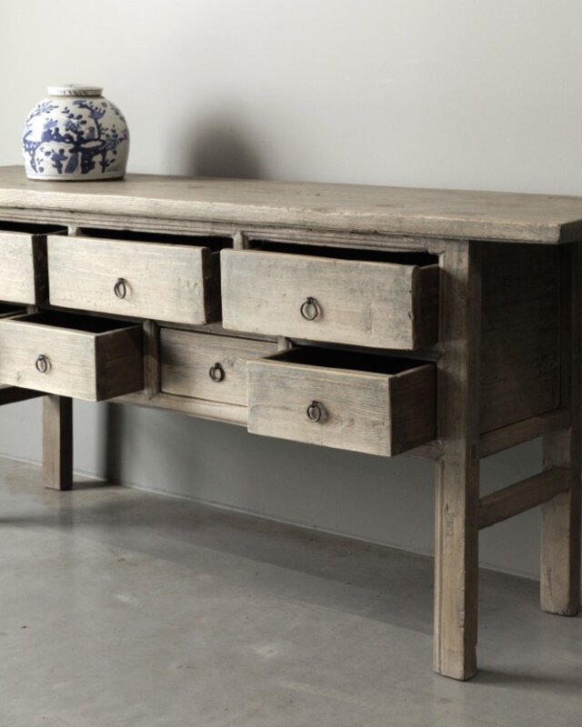 Be-Uniq Oude wandtafel 7 lades China Licht Hout H82 x B180 x D49 Cm