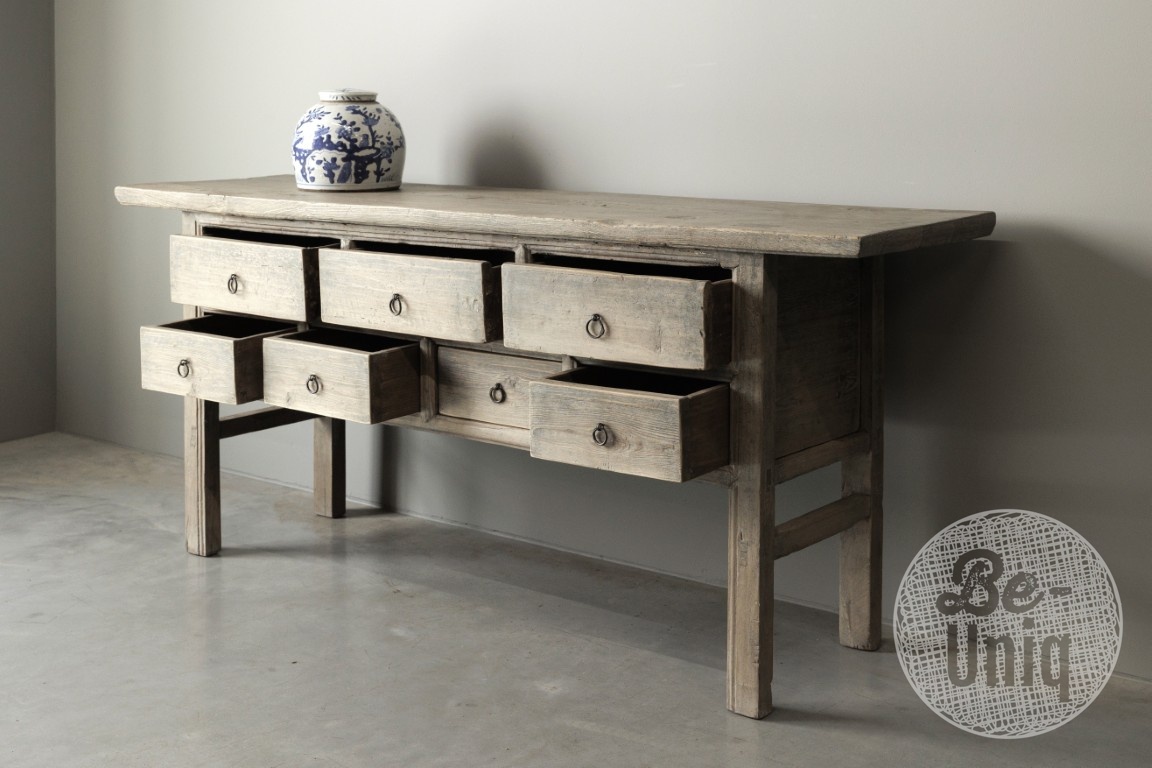 Be-Uniq Oude wandtafel 7 lades China Licht Hout H82 x B180 x D49 Cm