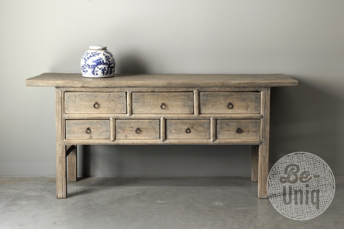Be-Uniq Oude wandtafel 7 lades China Licht Hout H82 x B180 x D49 Cm
