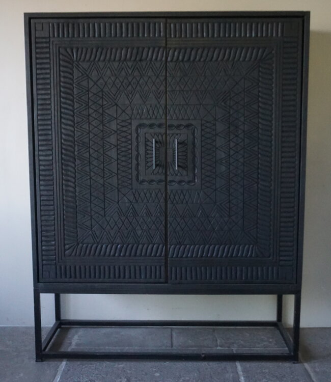 Rene Houtman Tweedekansje Kast 2-Deurs Dallie Zwart Vierkant Houtsnijwerk - B140xD50xH180 Cm