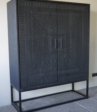 Rene Houtman Tweedekansje Kast 2-Deurs Dallie Zwart Vierkant Houtsnijwerk - B140xD50xH180 Cm