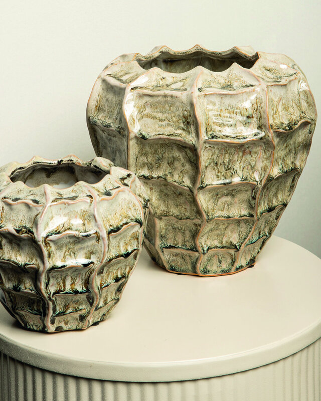 PTMD Cedric Cream keramische ronde golvende pot gemengde kleuren M