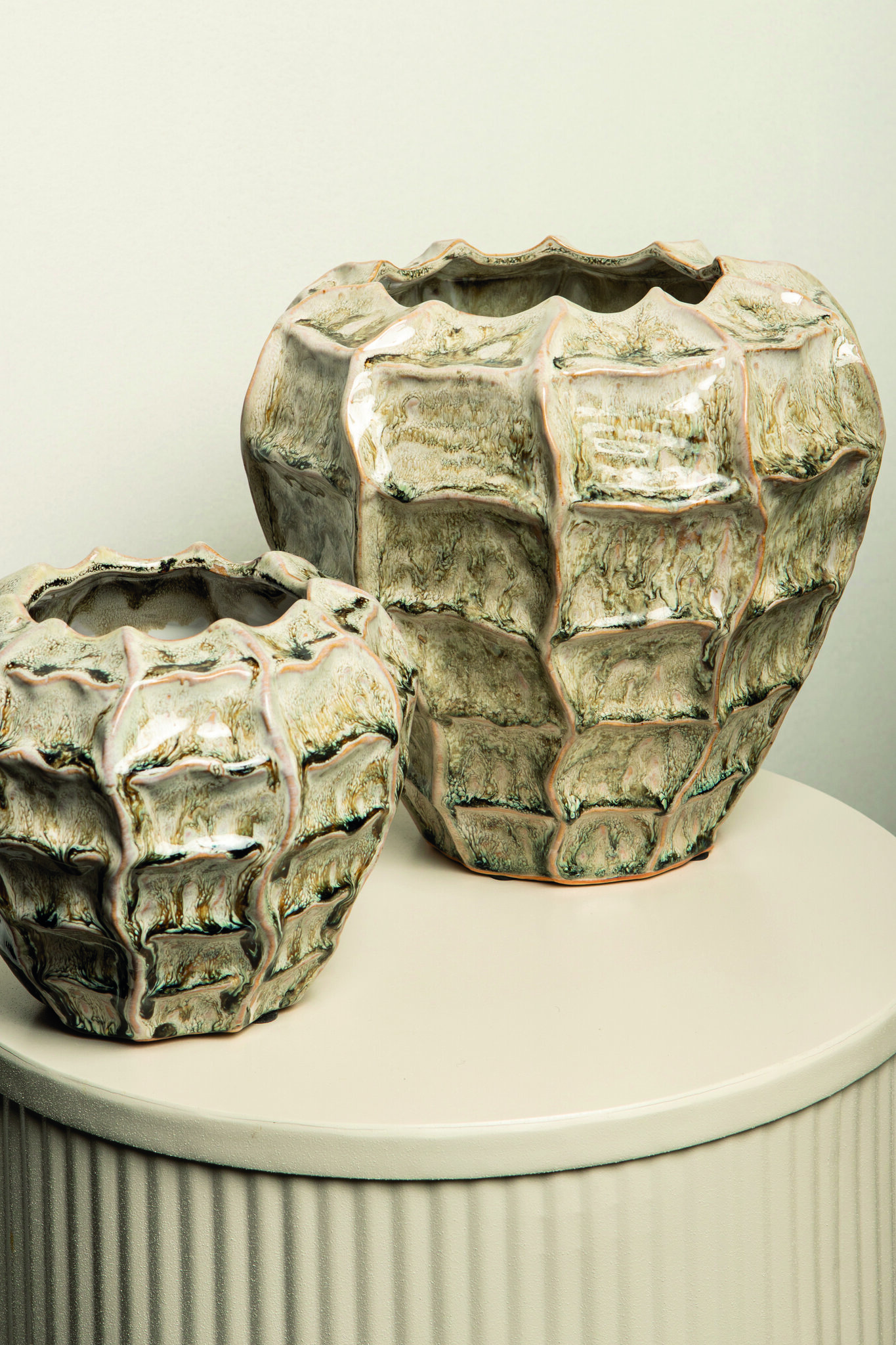 PTMD Cedric Cream keramische ronde golvende pot gemengde kleuren M