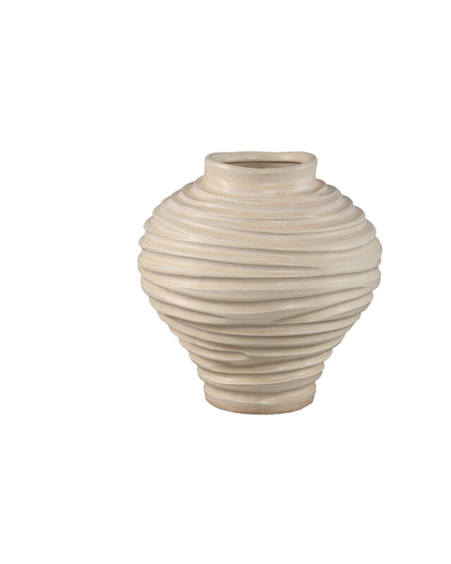 PTMD Mickie Beige ronde bolvormige keramische vaas geribbeld S