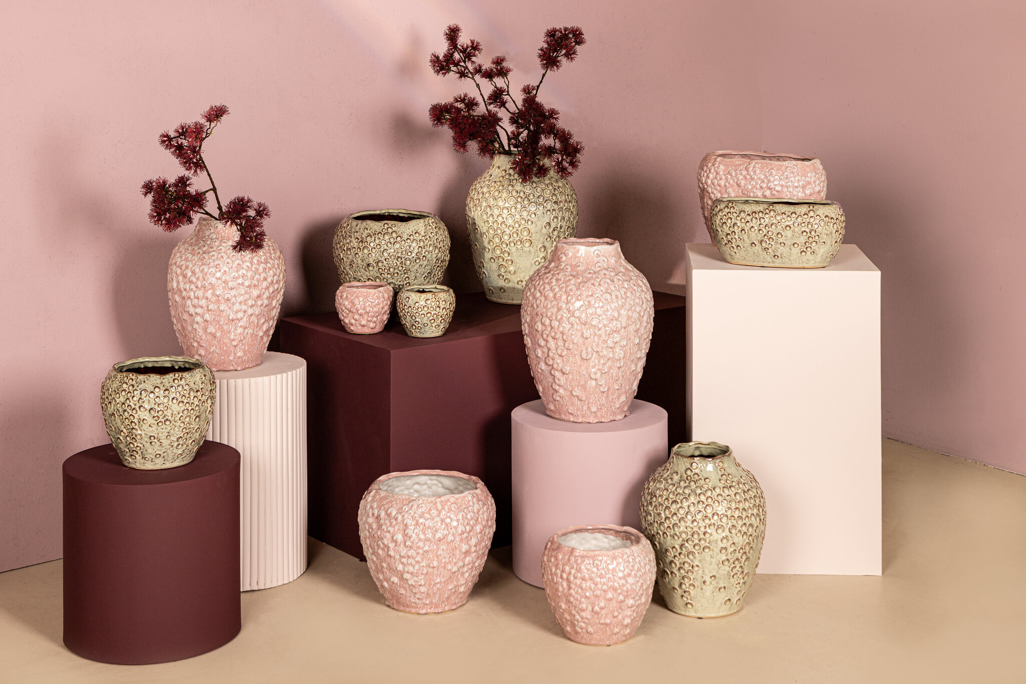 PTMD Avis Roze keramische pot rond gevormde schalen laag XL