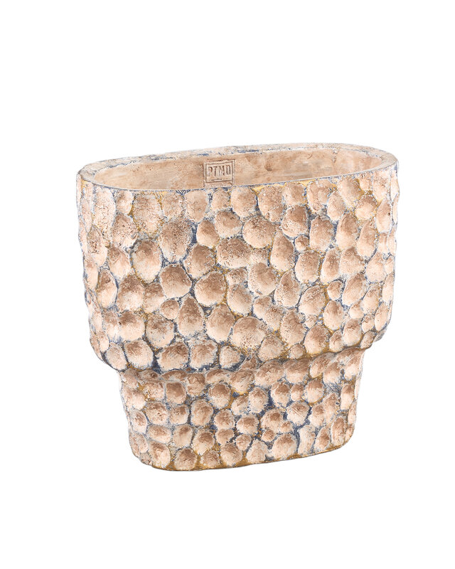 PTMD Liselot Bruine ovale cementen pot met gestempeld patroon M