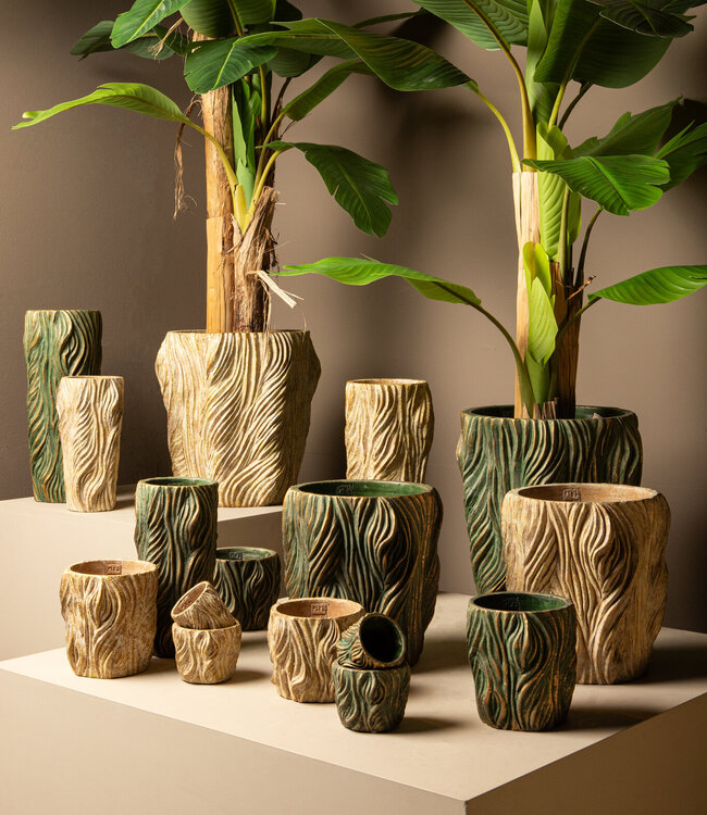 PTMD Alexio Crème ronde cementen pot met golvende lijnen 45x20 Cm