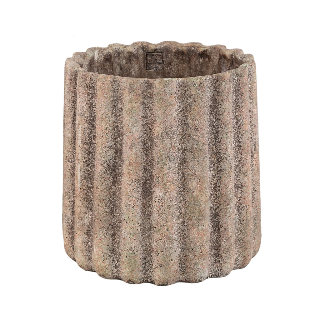 PTMD Jaydean Grey cement pot met geribbelde structuur rond XXL.