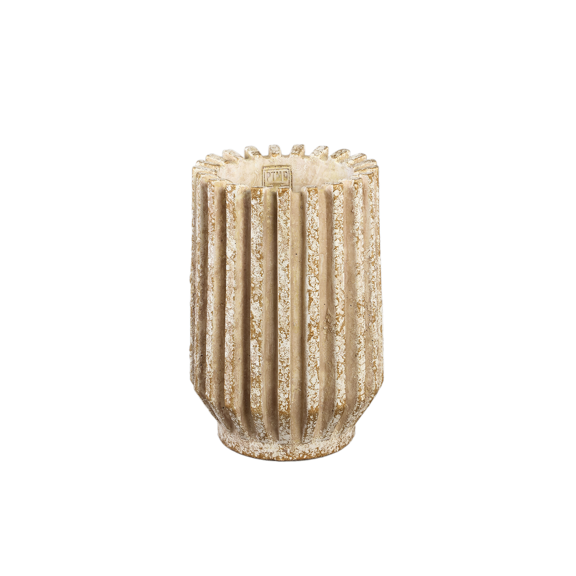 PTMD Zariya Crème cement ronde pot met geribbelde lijnen hoog XS