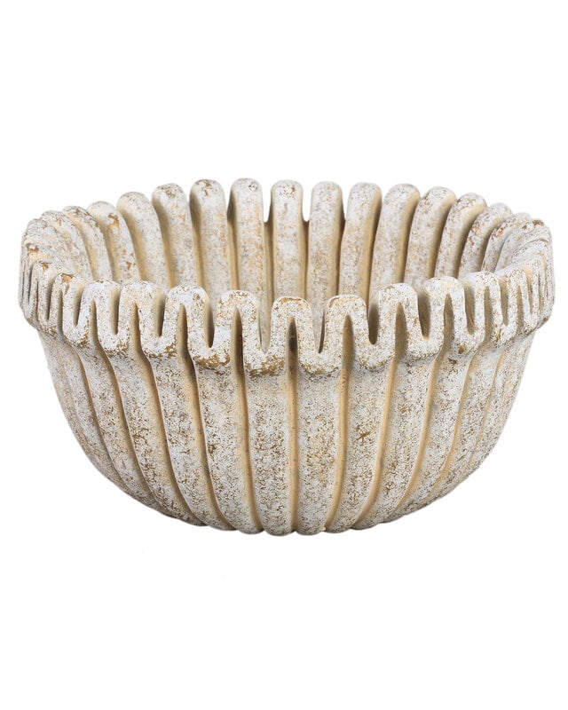 PTMD Raffay Crème cement ronde pot met geribbelde lijnen laag L.