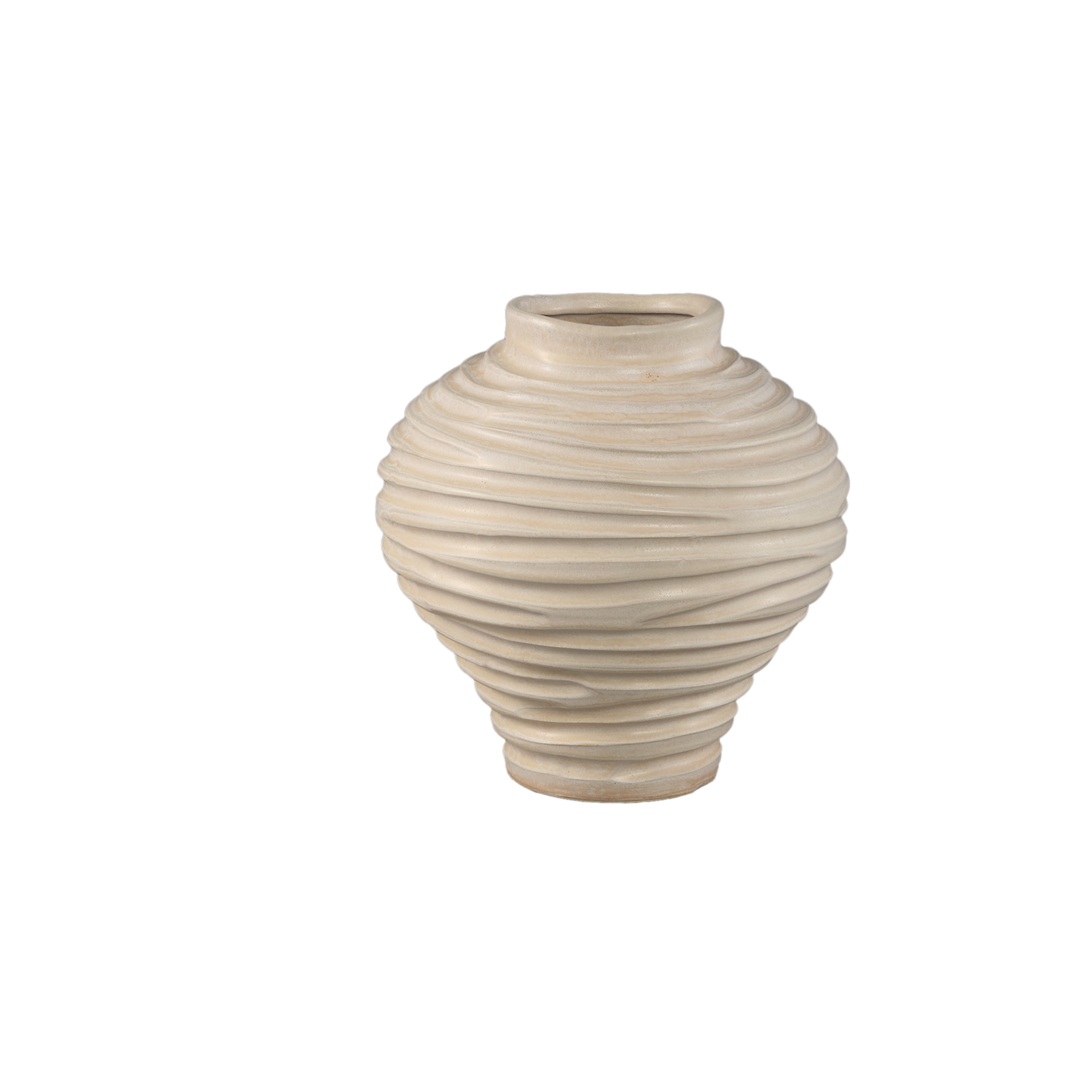 PTMD Mickie Beige ronde bolvormige keramische vaas geribbeld S