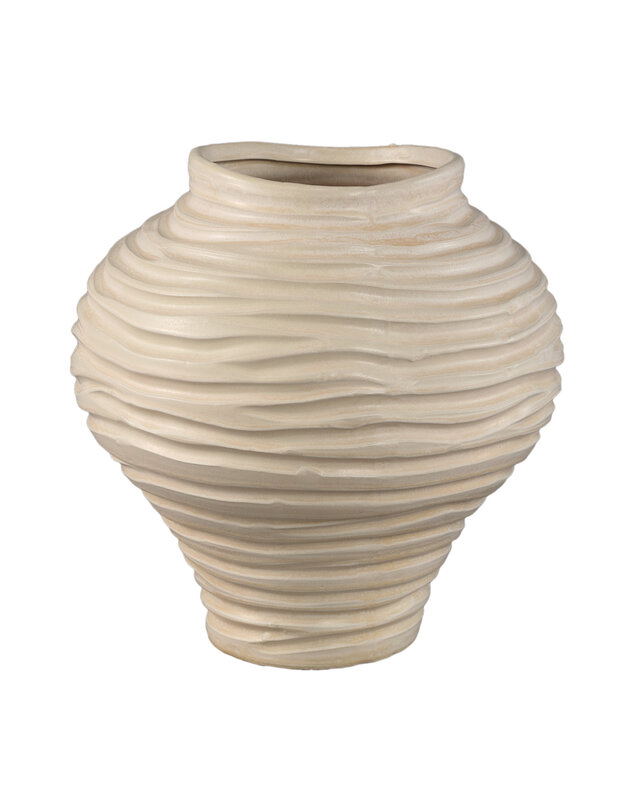 PTMD Mickie Beige ronde bolvormige keramische vaas geribbeld L