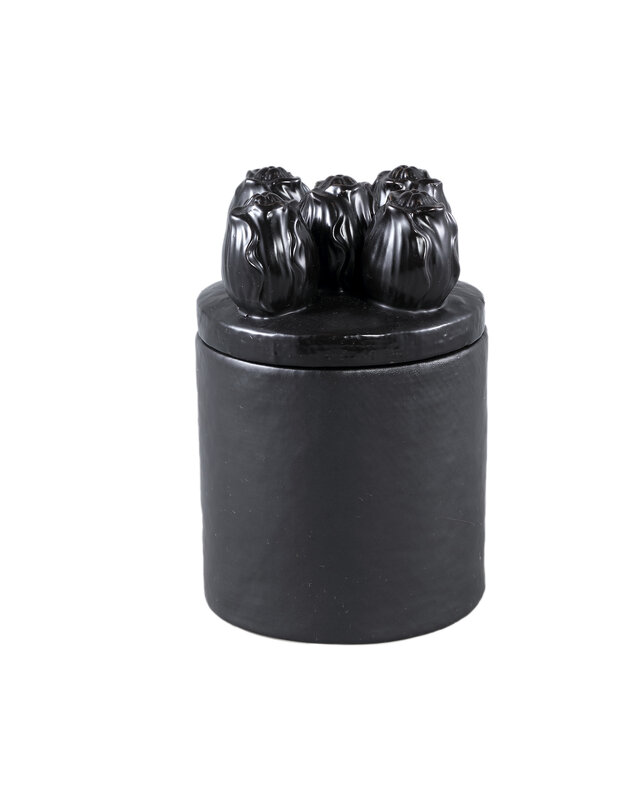 PTMD Krystine Zwart ronde keramische pot met tulpen bovenkant.