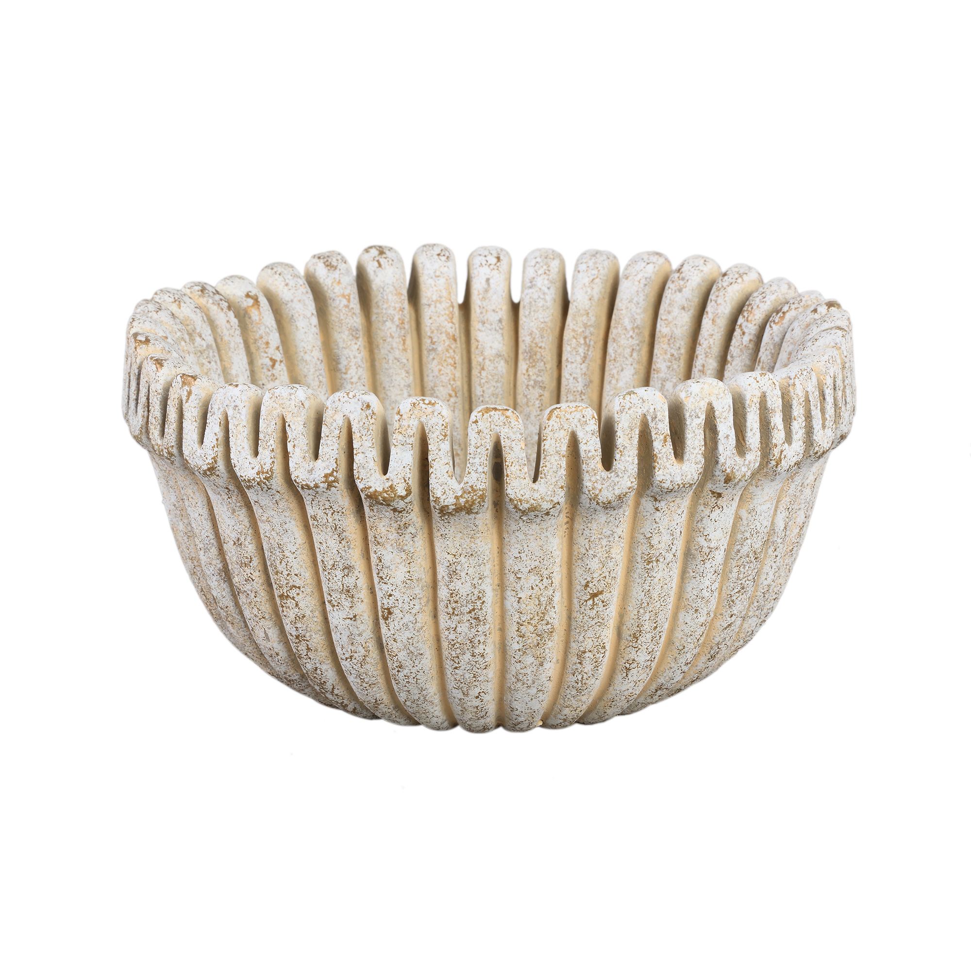 PTMD Raffay Crème cement ronde pot met geribbelde lijnen laag L.
