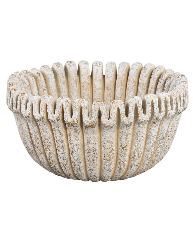 PTMD Raffay Crème cement ronde pot met geribbelde lijnen laag L.